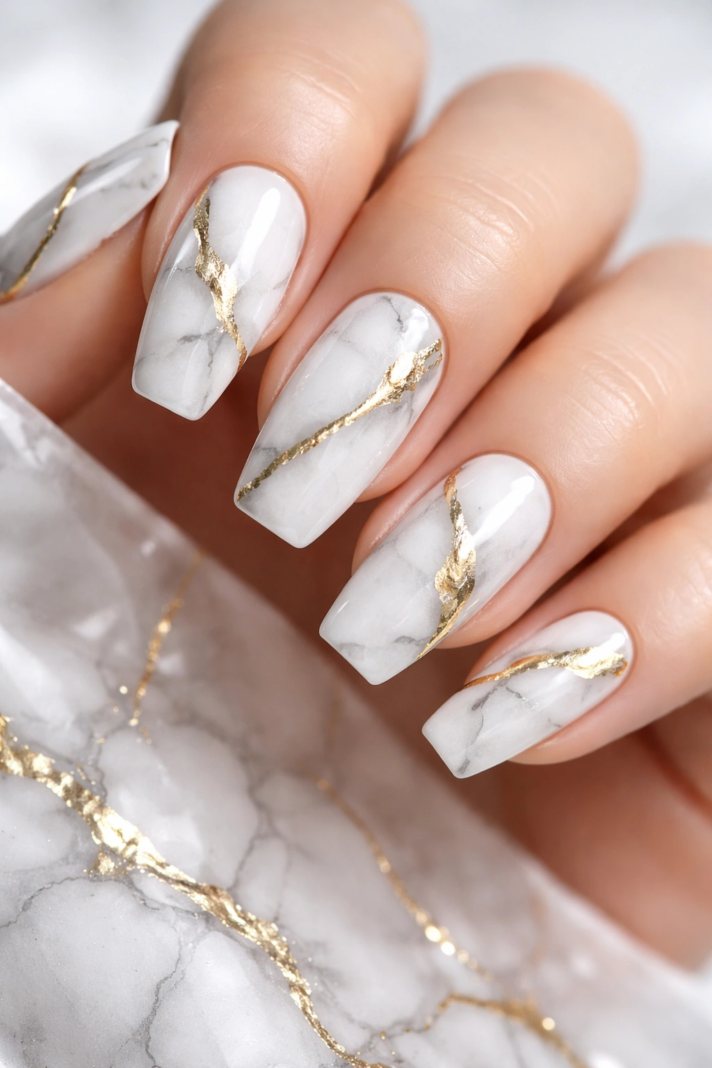 White marble nails with gray veins and gold chrome accents