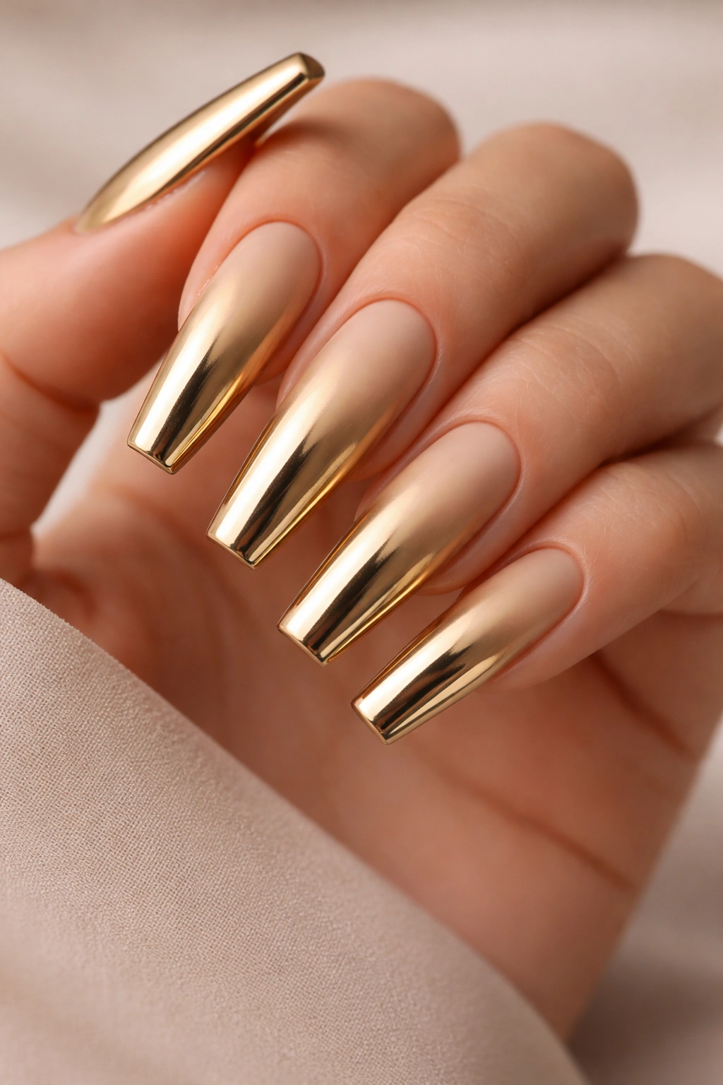 Close-up of coffin nails with matte gold base and reflective chrome tips