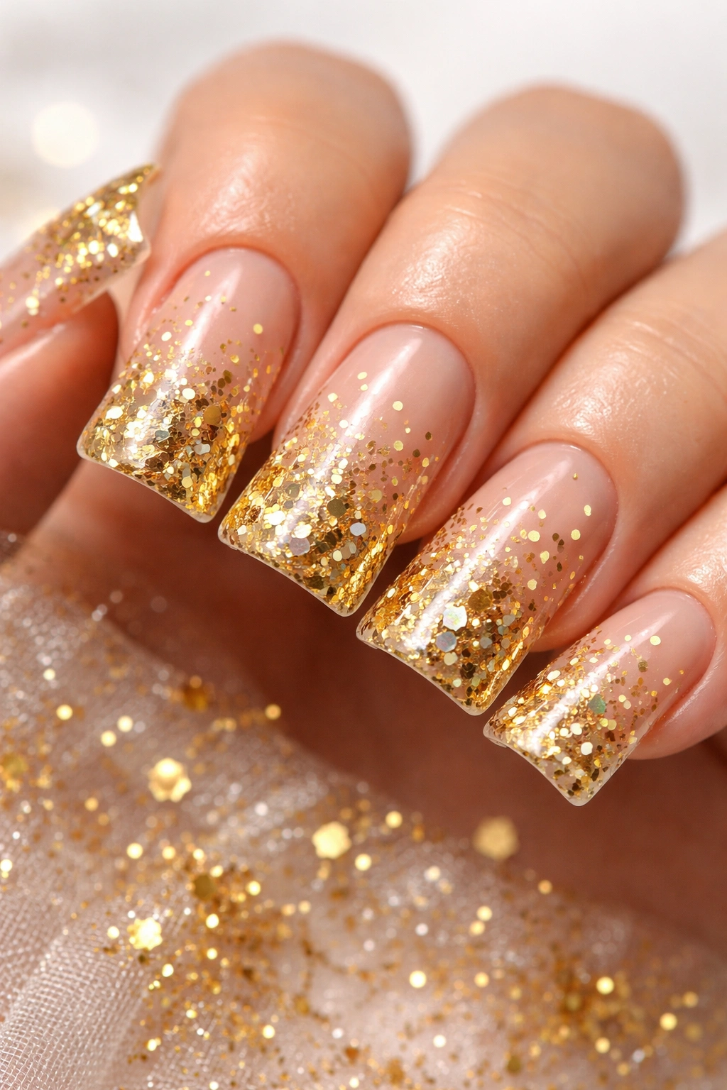 Close-up of gold confetti duck nails with metallic pieces on a nude base
