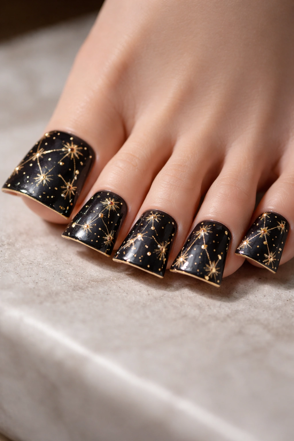 Close-up of gold constellation duck nails on a dark navy background.