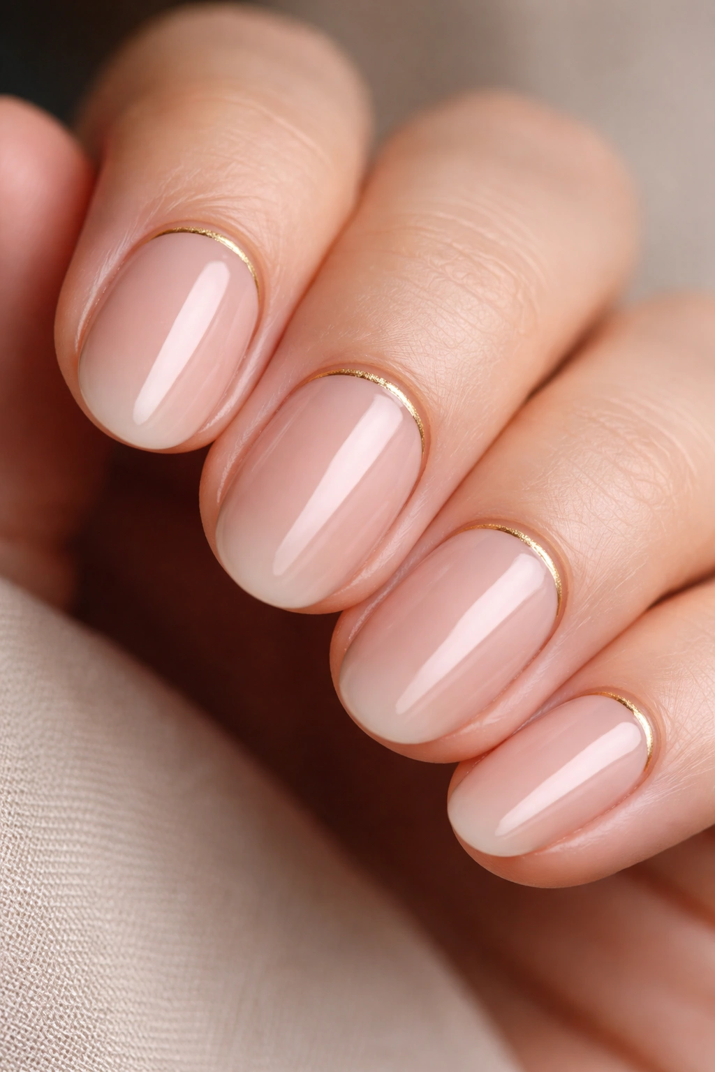 Short oval nails with a thin gold cuticle line on nude base