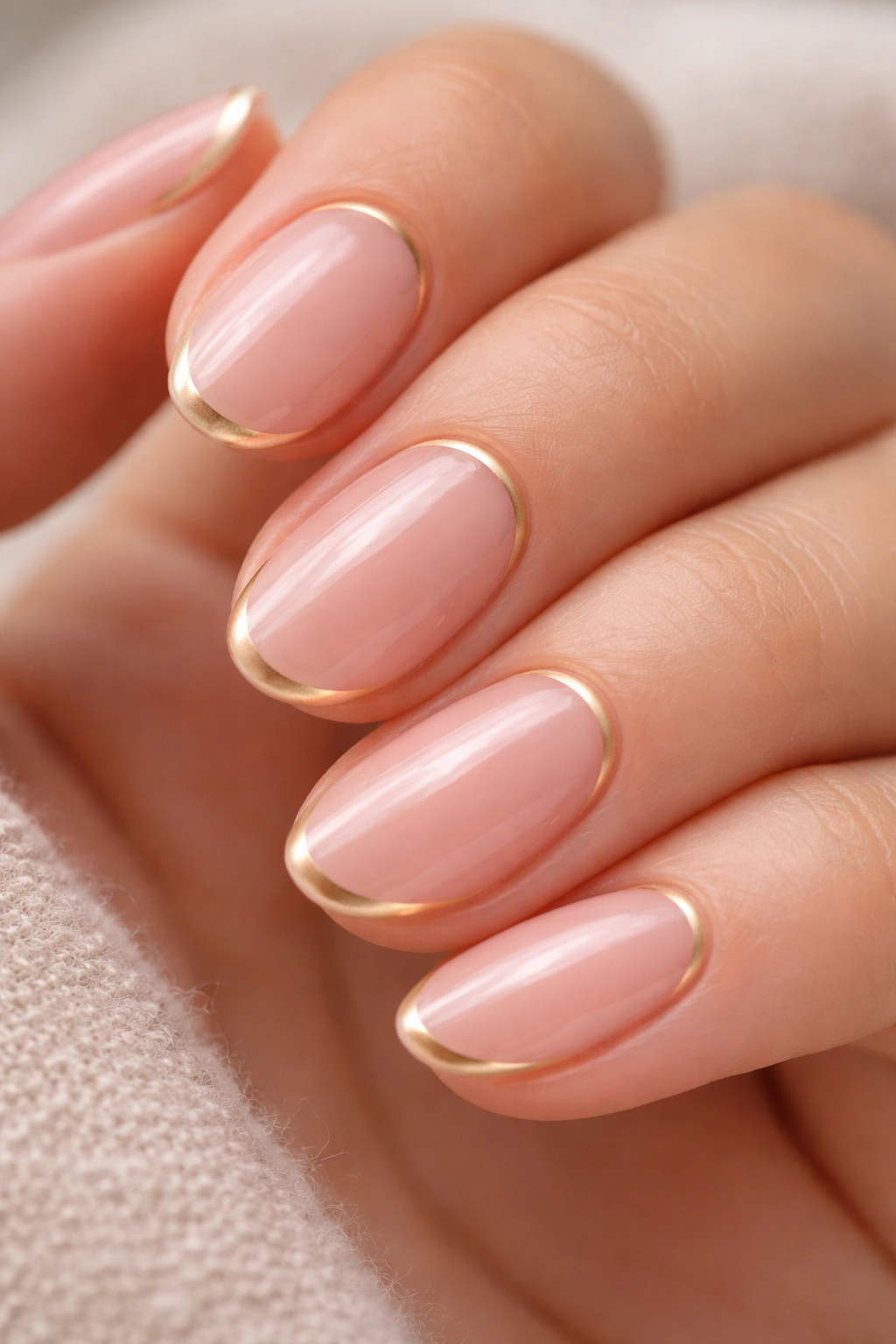 Short almond nails with gold cuticle line on sheer pink base