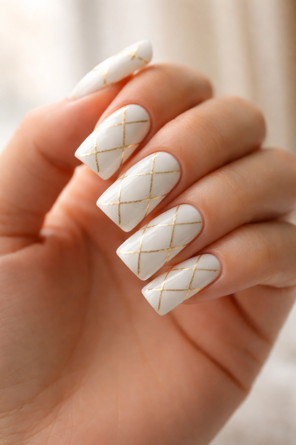 White nails with gold diagonal cross lattice pattern