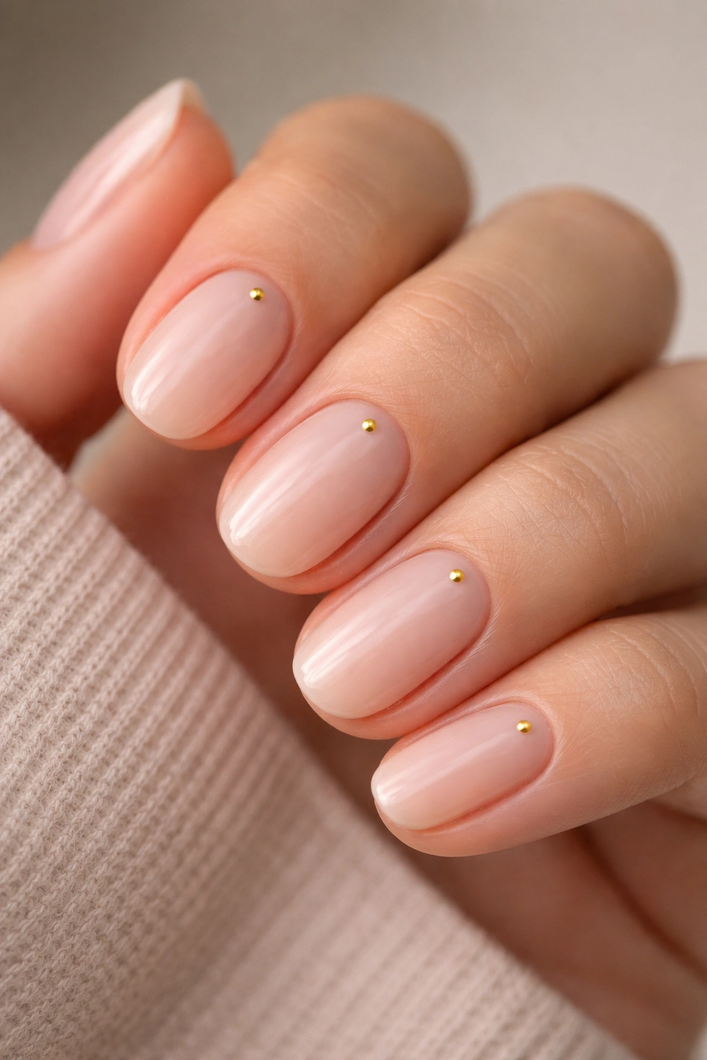 Close-up of short oval nails with a tiny gold dot accent