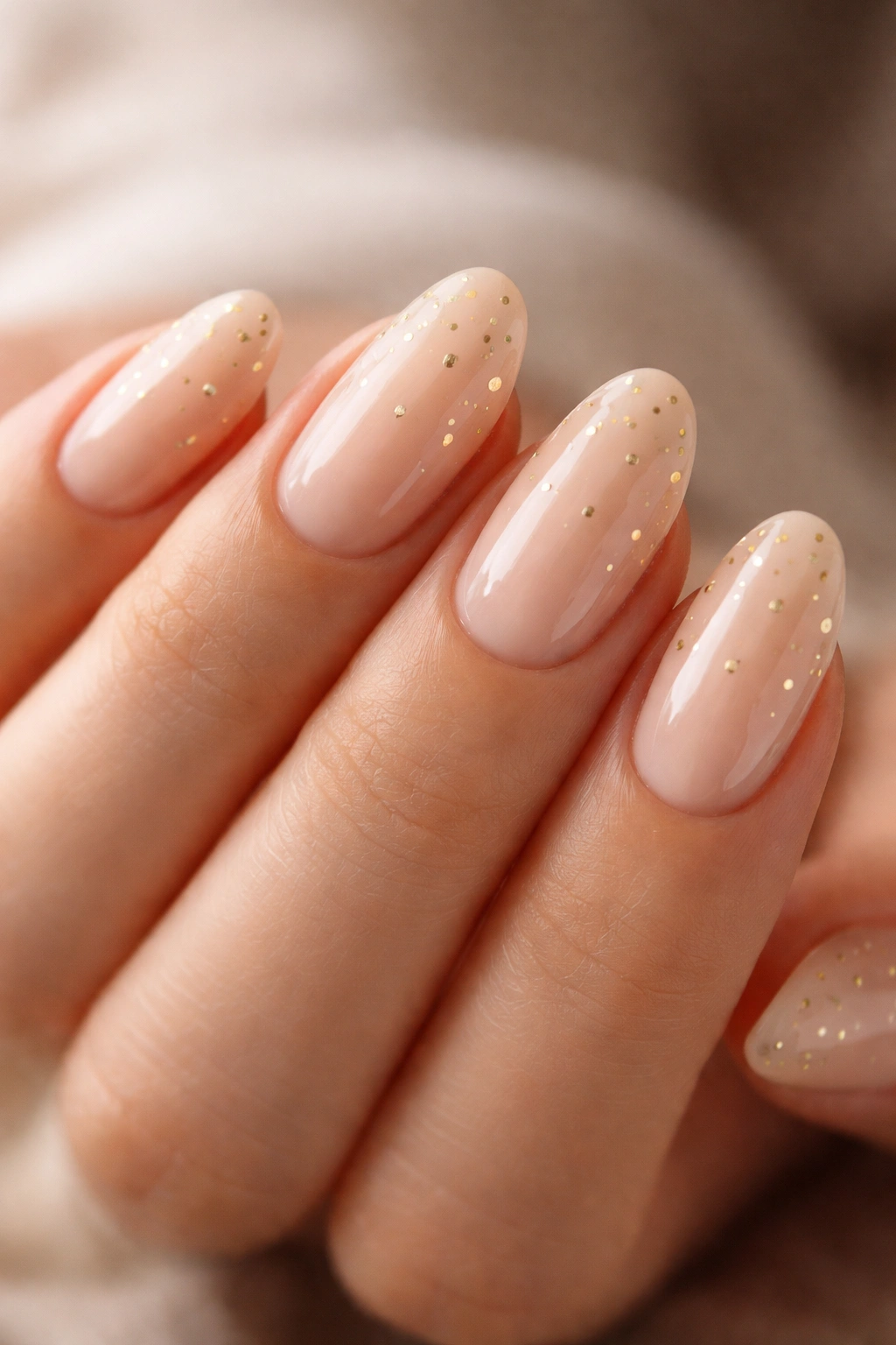 Close-up of short almond nails with sheer beige base and small gold dots