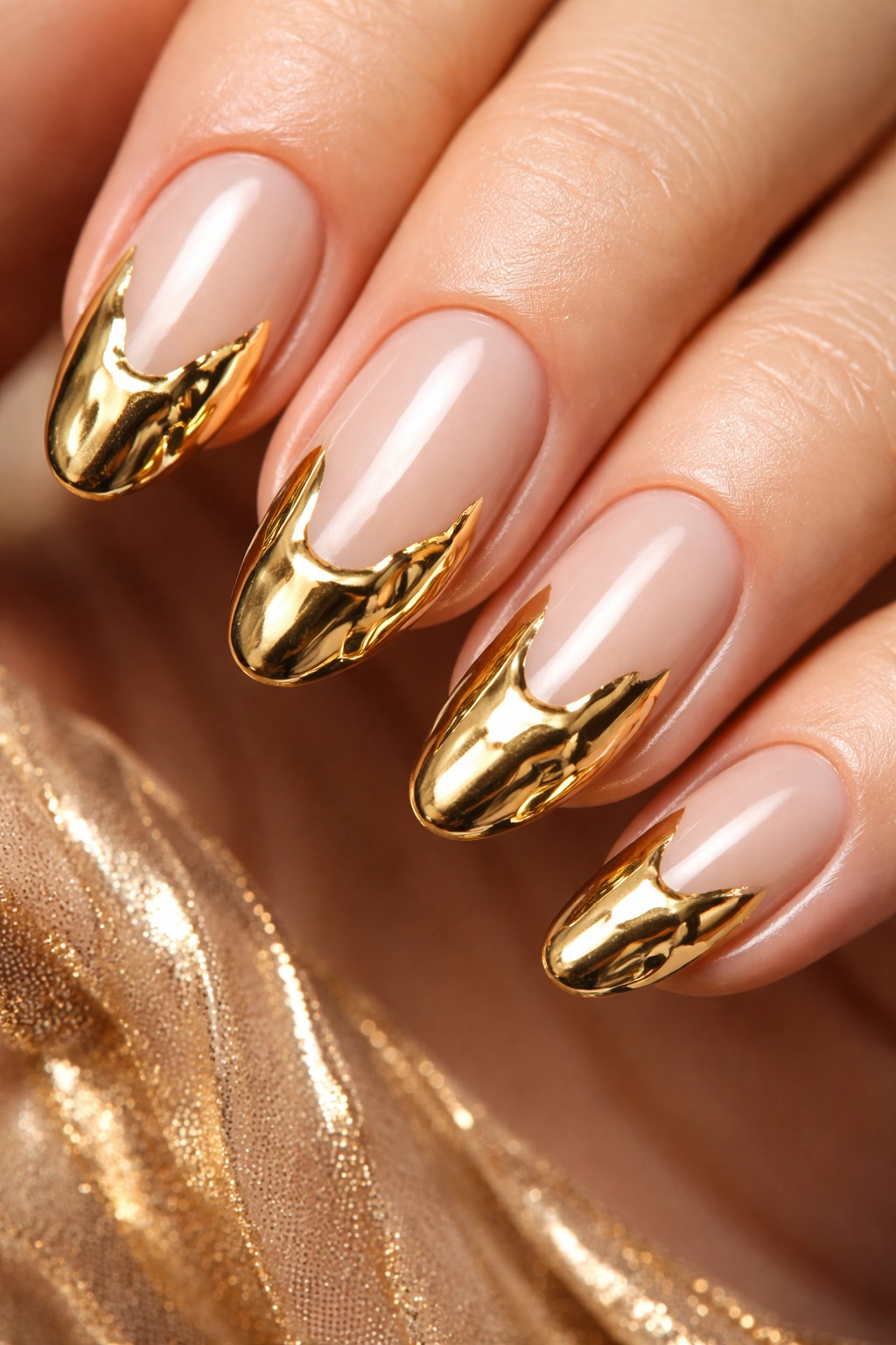 Close-up of nails with molten gold drip effect on nude base
