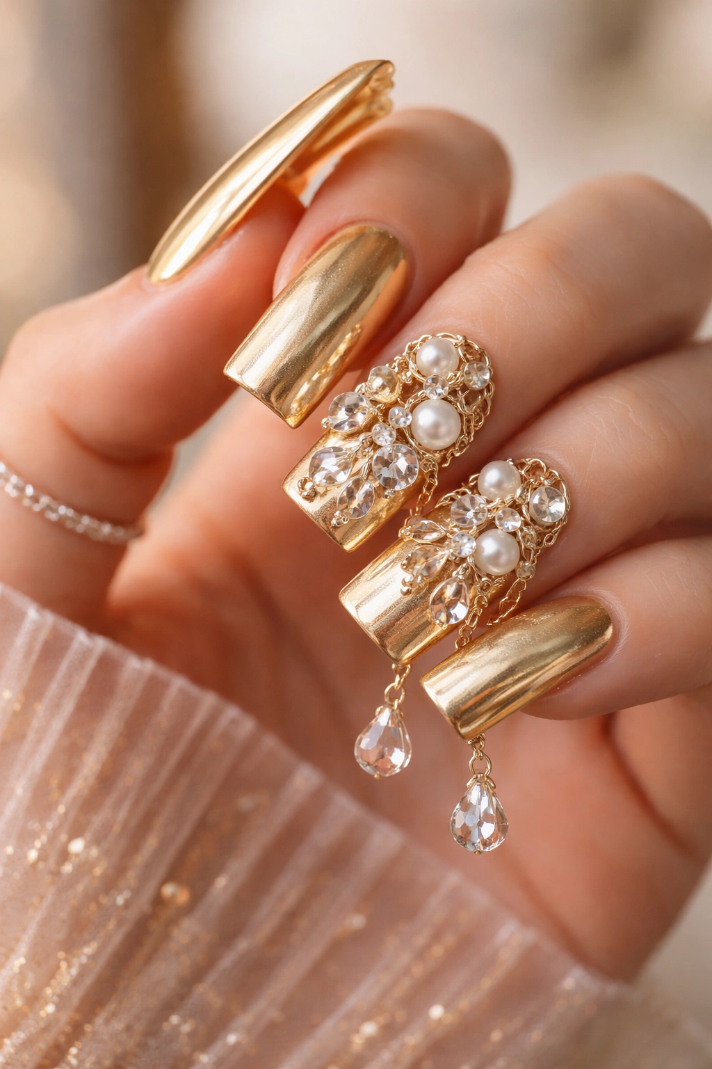 Gold duck nails with layered pearl and crystal charms