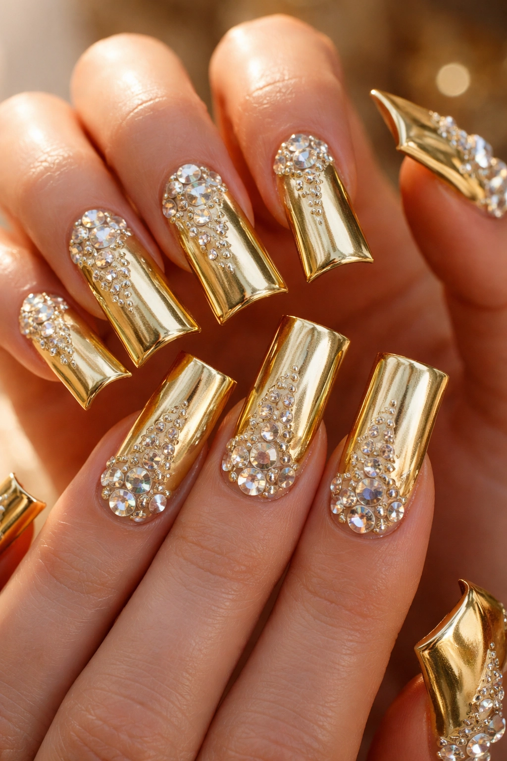 Close-up of gold metallic duck nails with rhinestones on hands