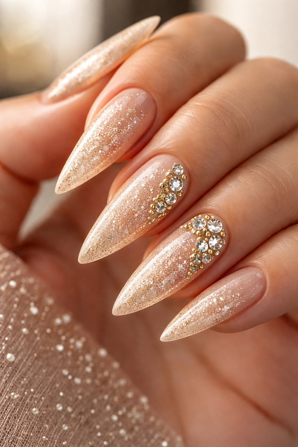 Nails with champagne base, gold dust shimmer and diamond accents on stiletto nails