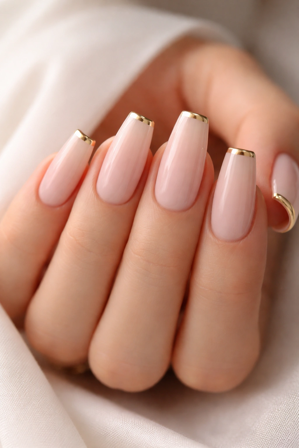 Nude milky pink nails with a thin gold edge on the ballerina tip
