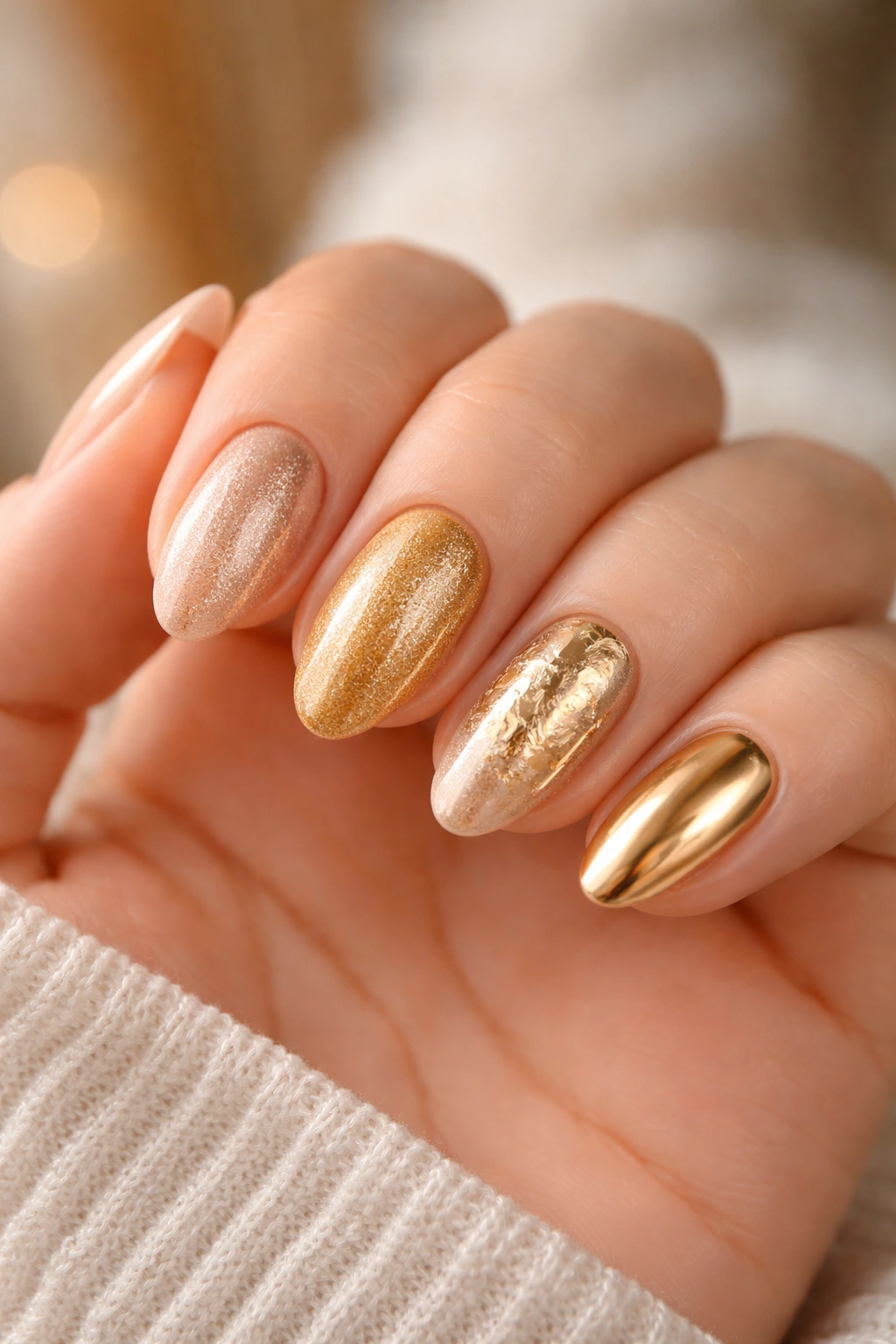 Hand displaying nails with different gold finishes on neutral bases