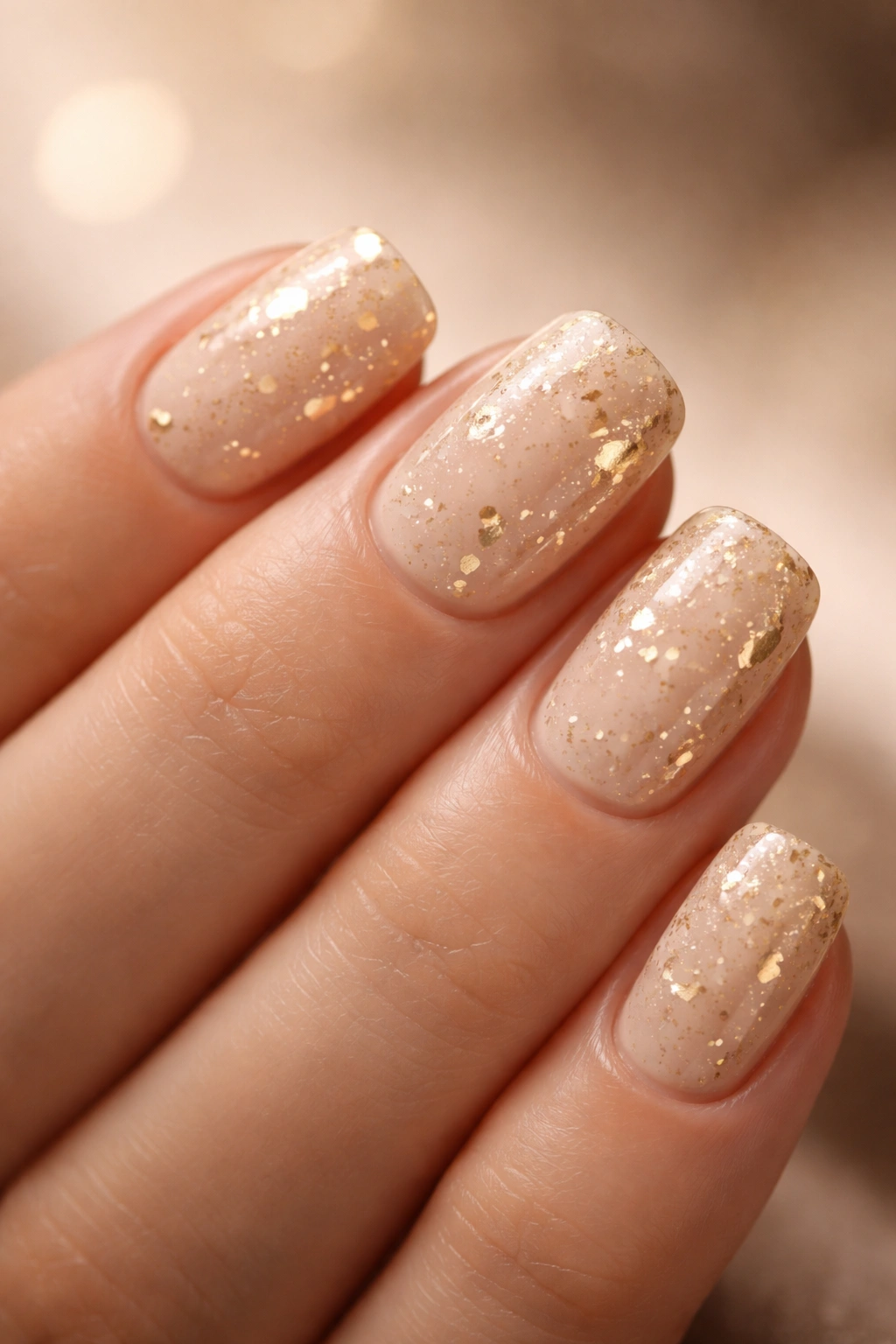Close-up of short squoval nails with champagne base and delicate gold flecks