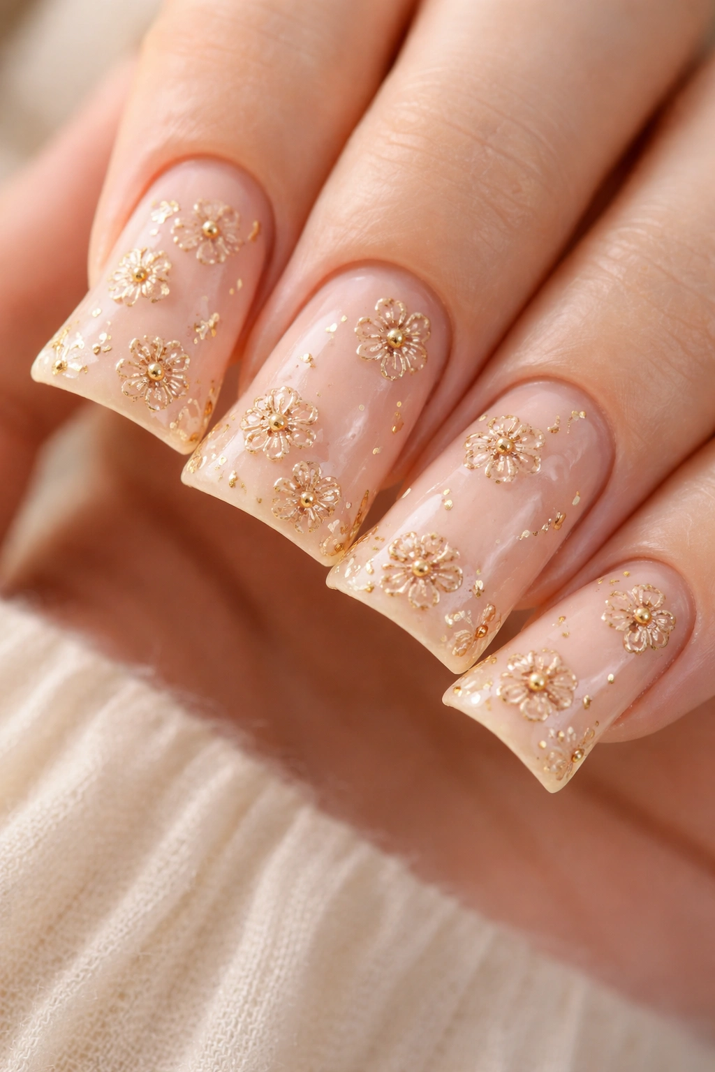 Close-up of gold floral accents on duck nails with nude base