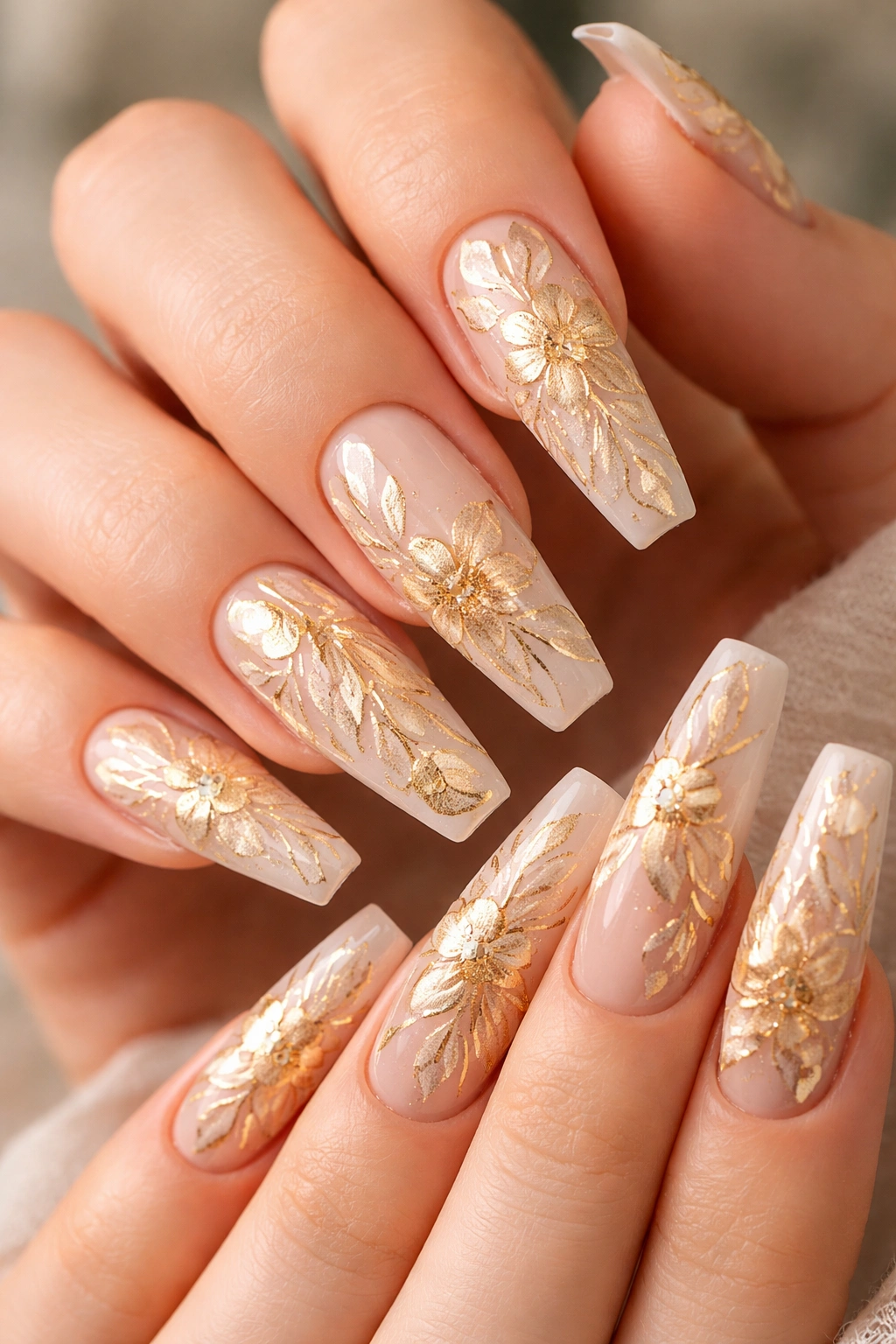 Close-up of coffin nails with gold hand-painted floral design on nude base