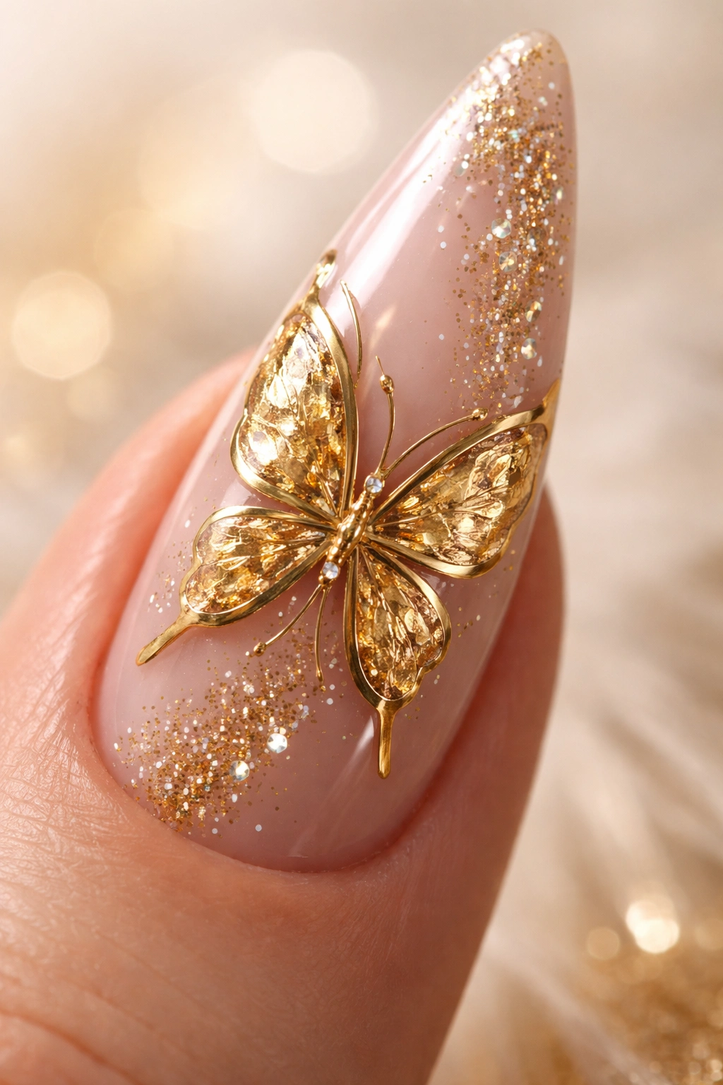 Close-up of gold foil butterfly nail with glitter accents on a stiletto nail