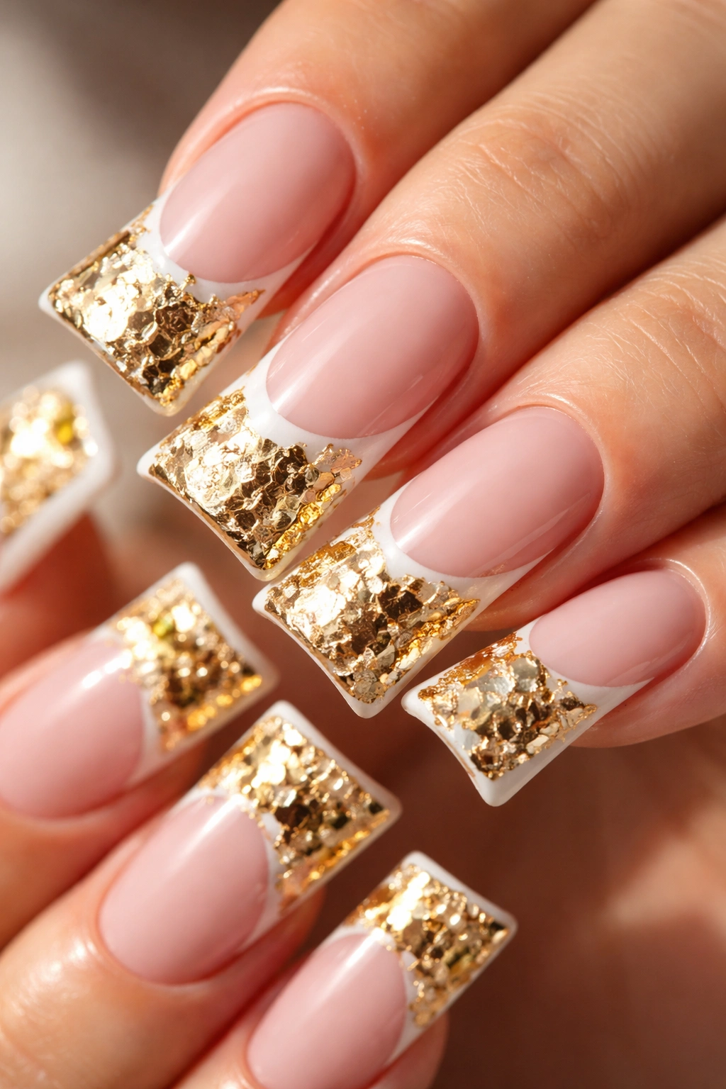 Close-up of duck nails with gold foil on the white tip