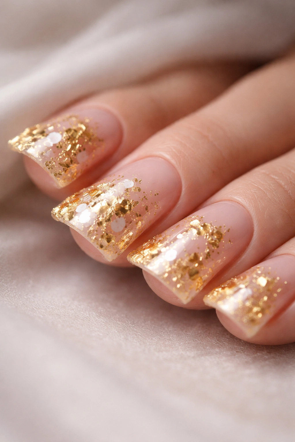 Gold foil flakes on nude duck nails close-up