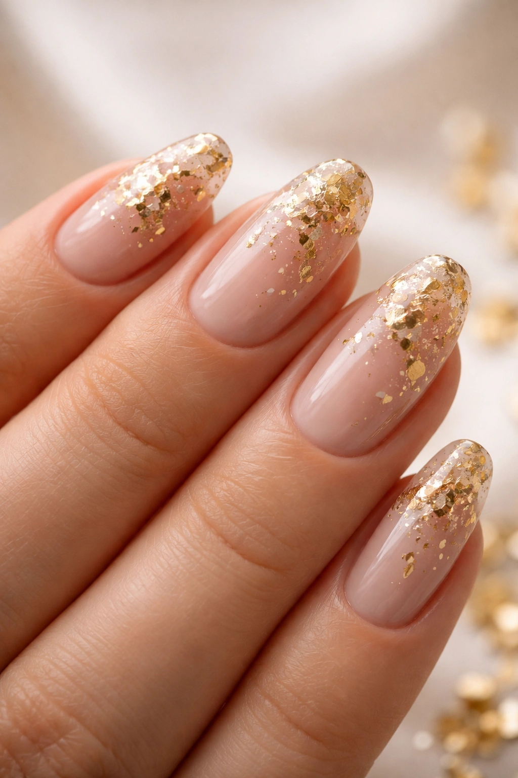 Hand with nails featuring scattered gold foil fragments on a nude base