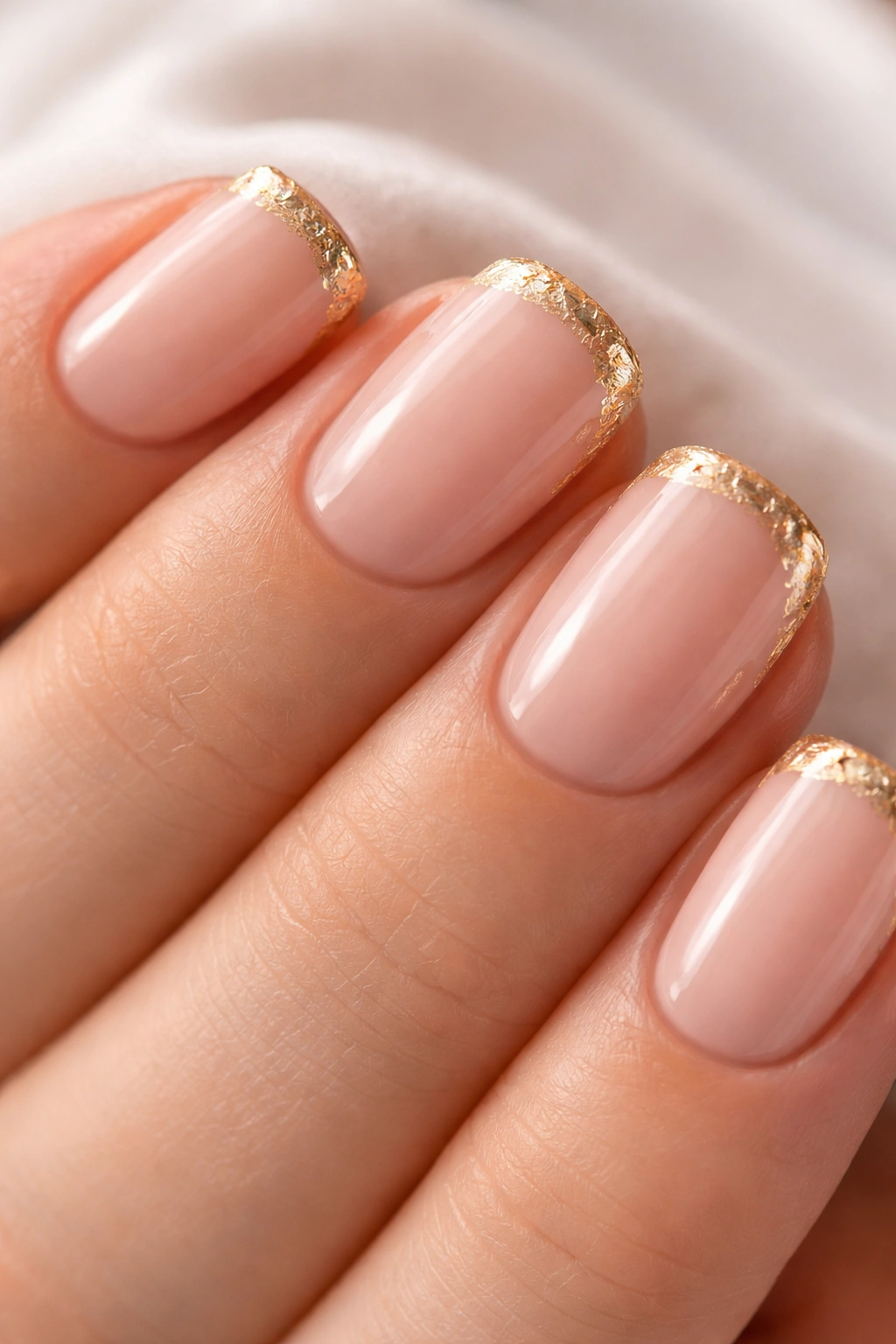 Close-up of nails with thin gold foil at tip on warm base