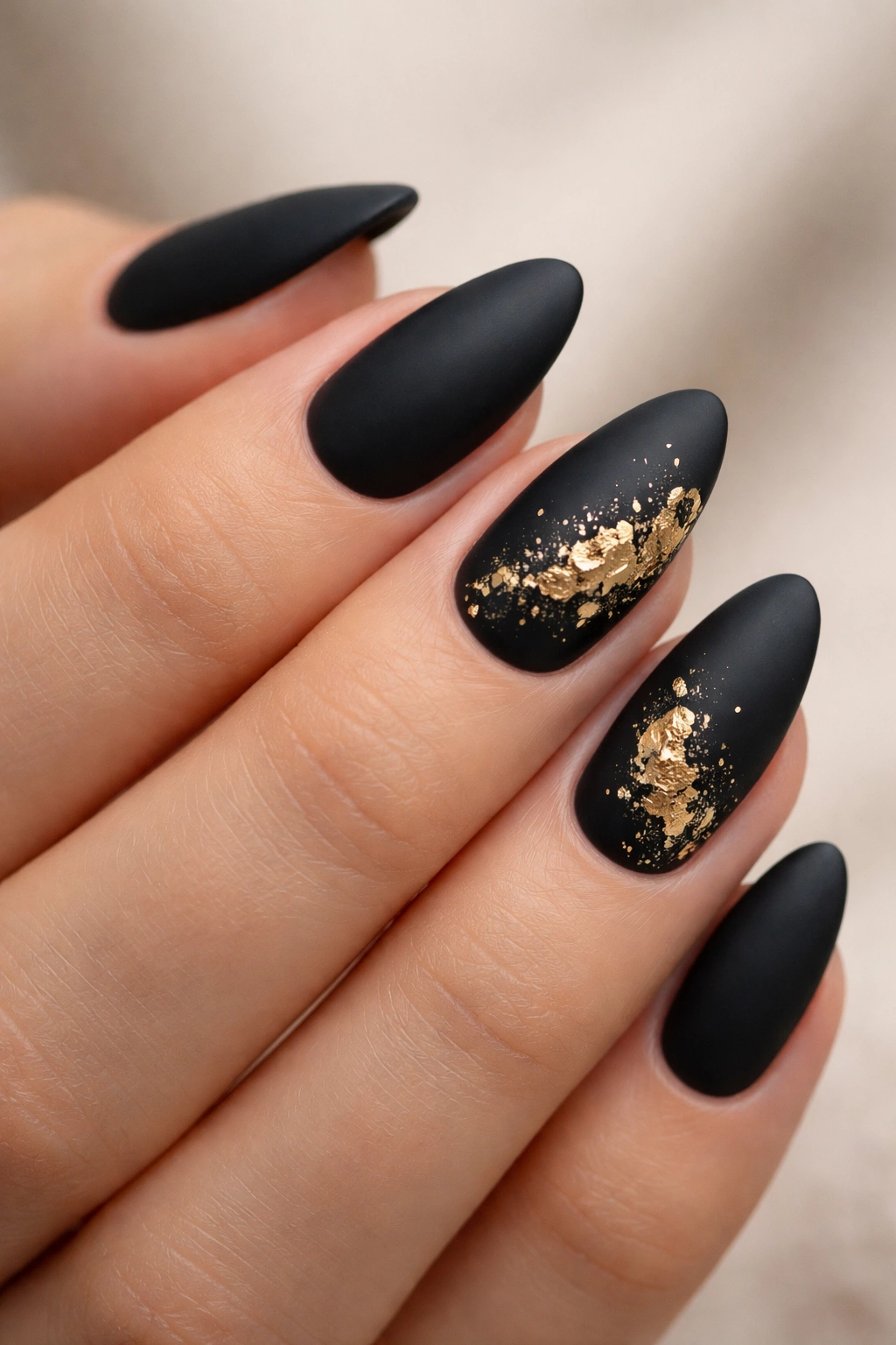 Close-up of matte black almond nails with gold foil flakes