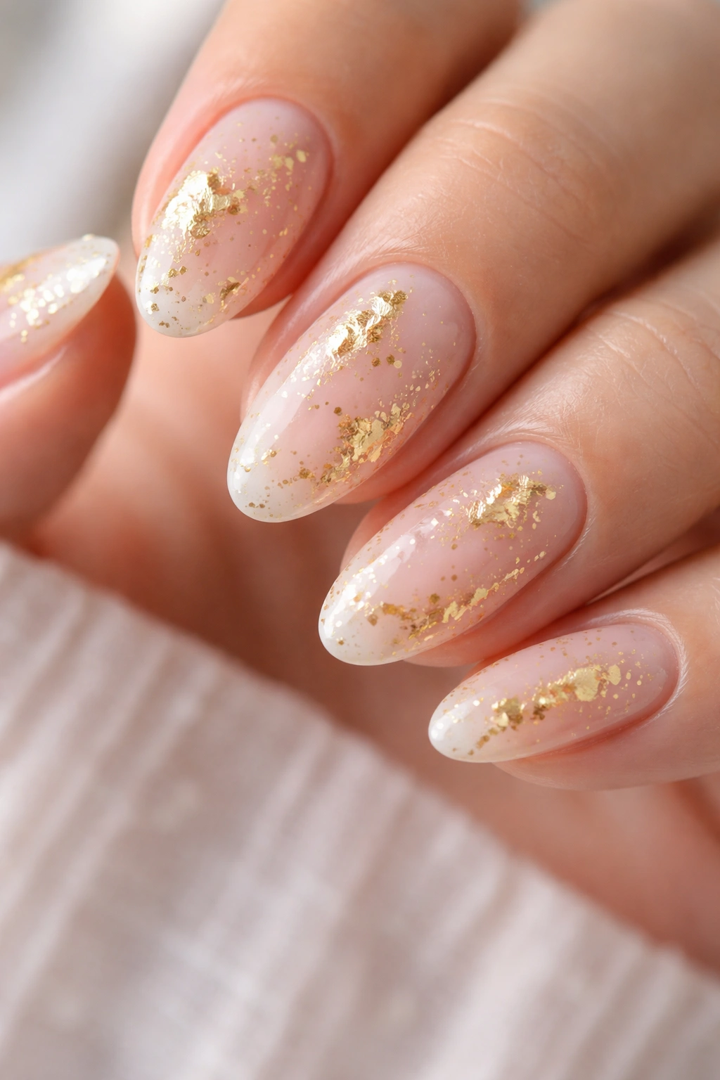 Nails with milky nude base and irregular gold foil on short almond nails