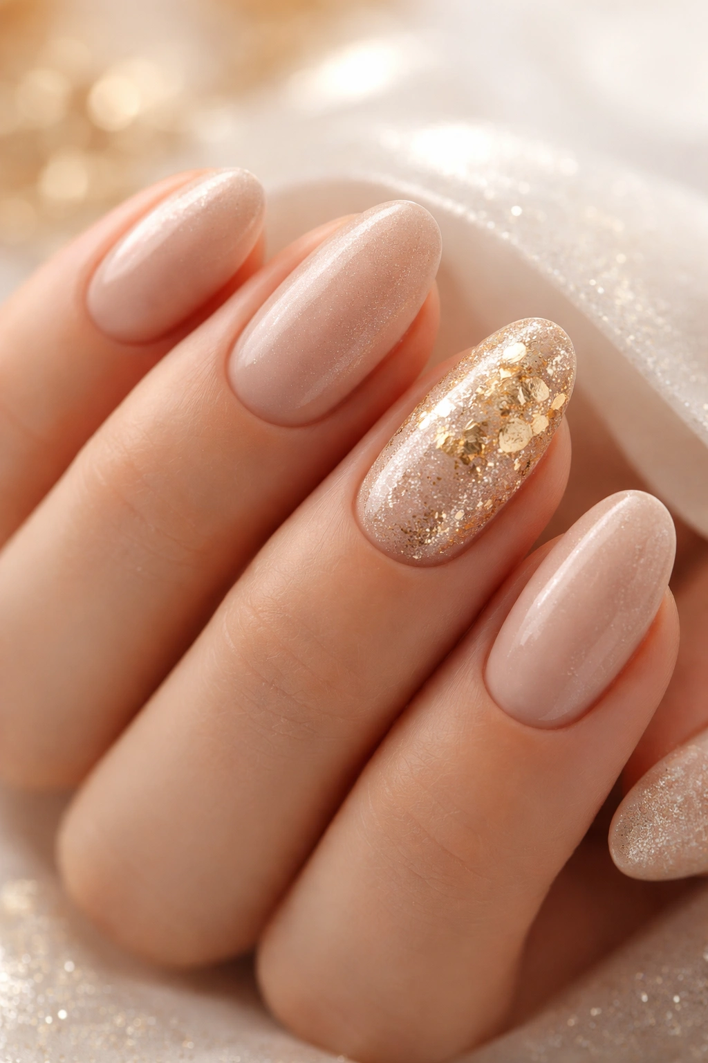 Close-up of hands with nude nails and a gold foil accent nail on the ring finger.