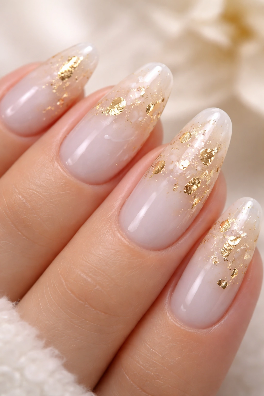 Close-up of milk bath nails with gold foil accents