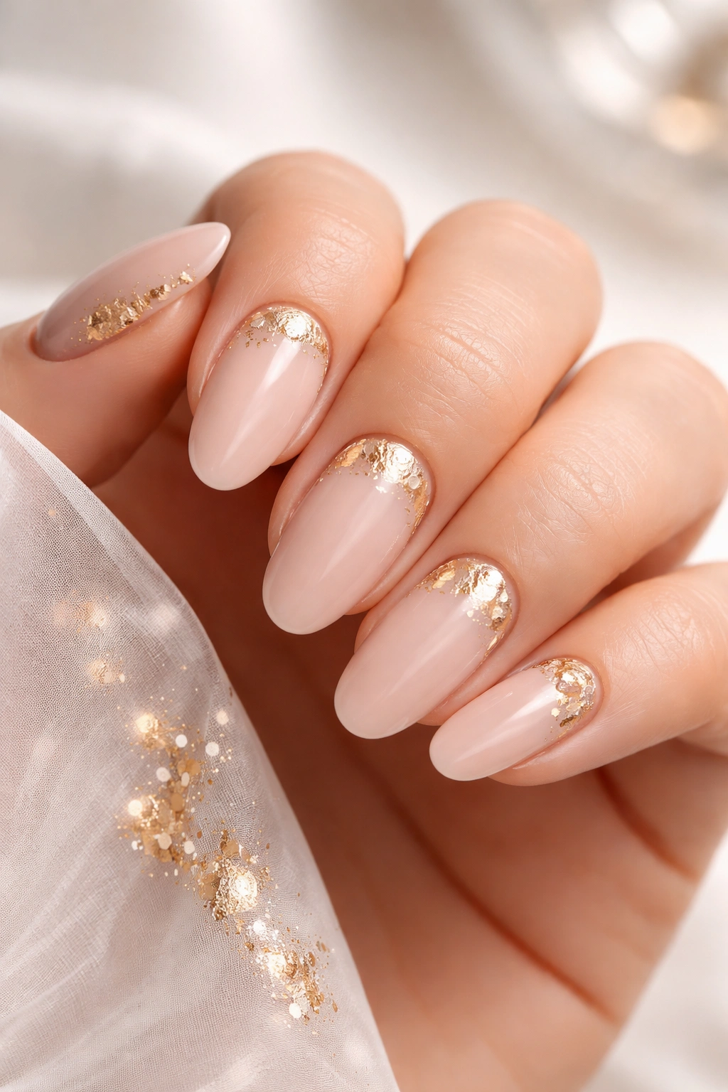 Close-up of nude nails with minimalist gold foil accents