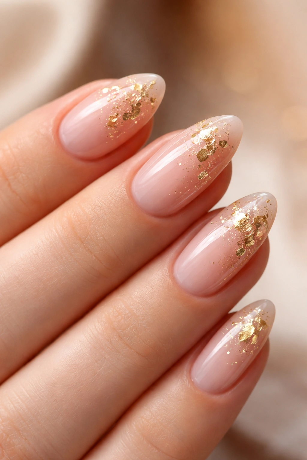 Close-up of a short almond nail with sheer pink base and gold foil flecks
