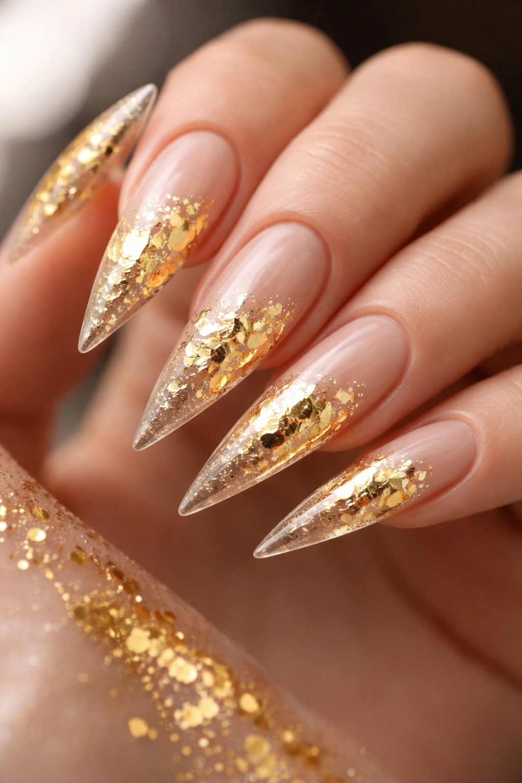 Close-up of stiletto nails with gold foil abstract design on nude base
