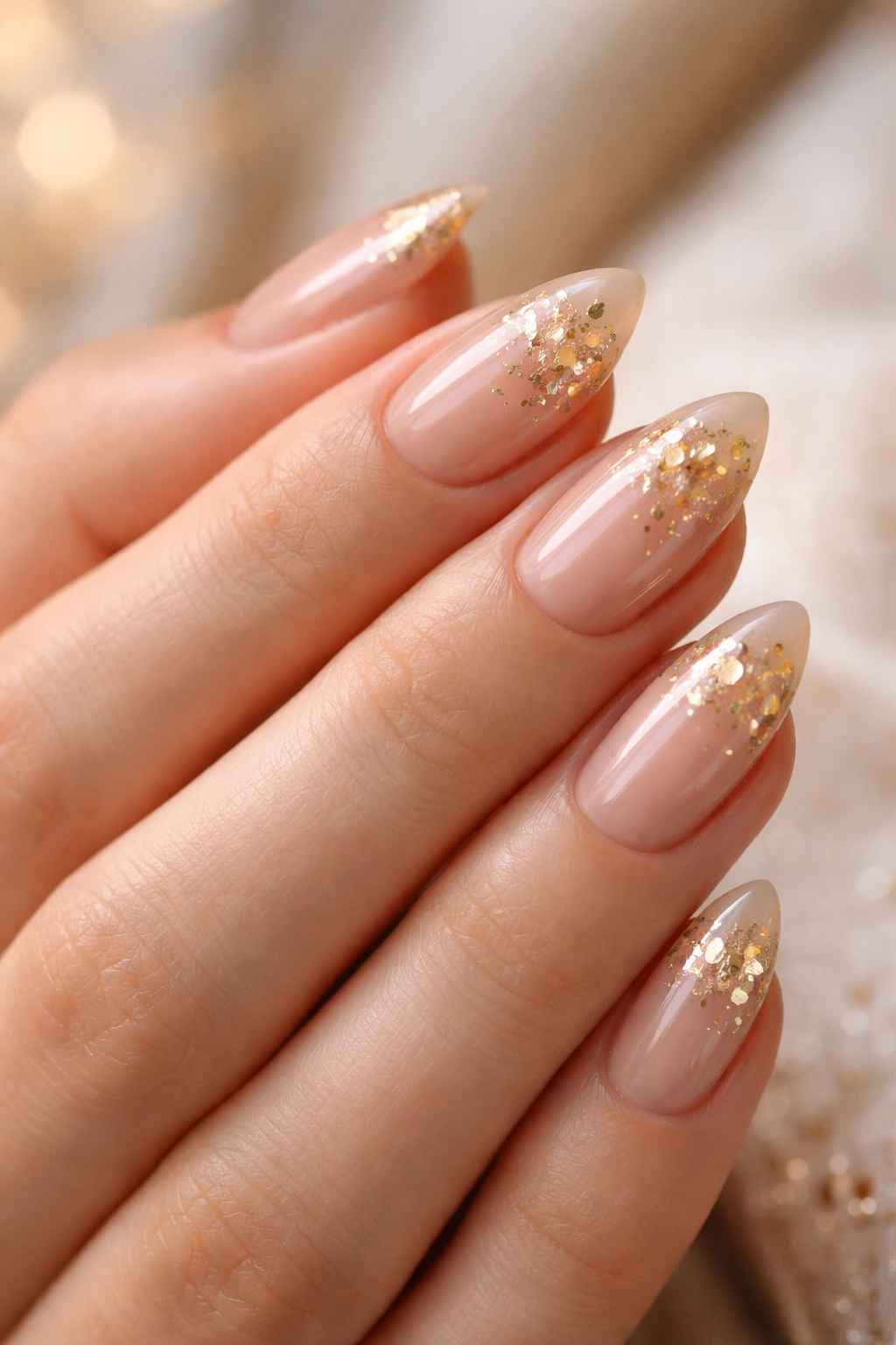 Close-up of short almond nails with gold foil accents on nude base