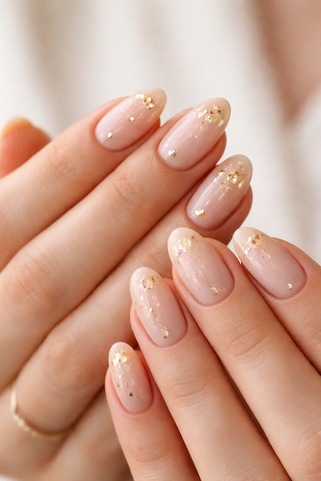Close-up of short almond nails with gold foil accents