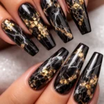 15 Black and Gold Coffin Nails for Long Nails