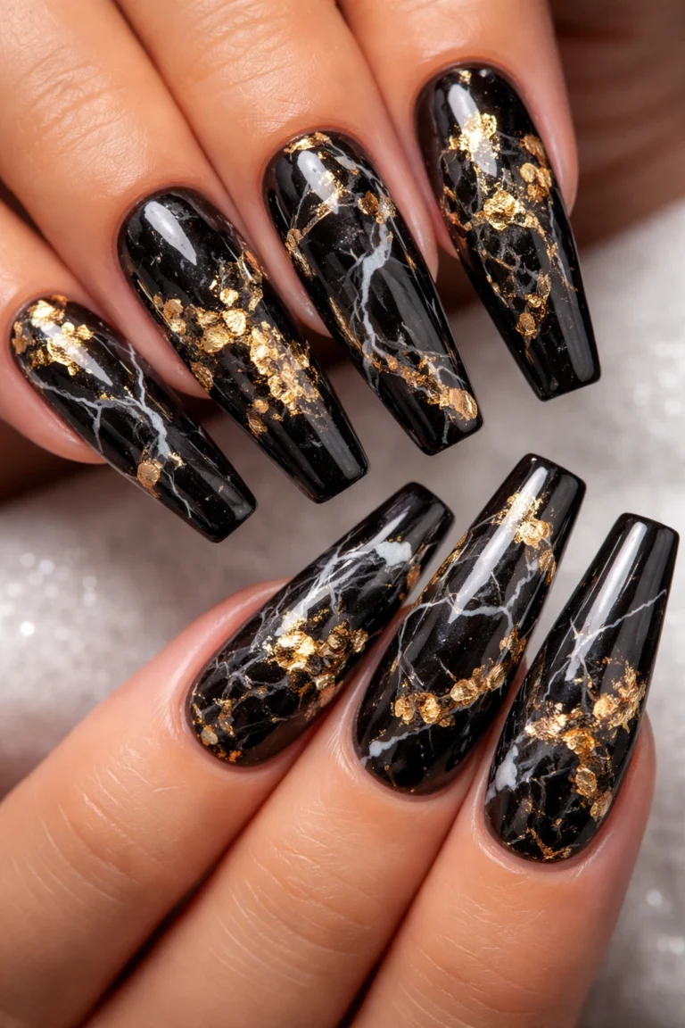 15 Black and Gold Coffin Nails for Long Nails
