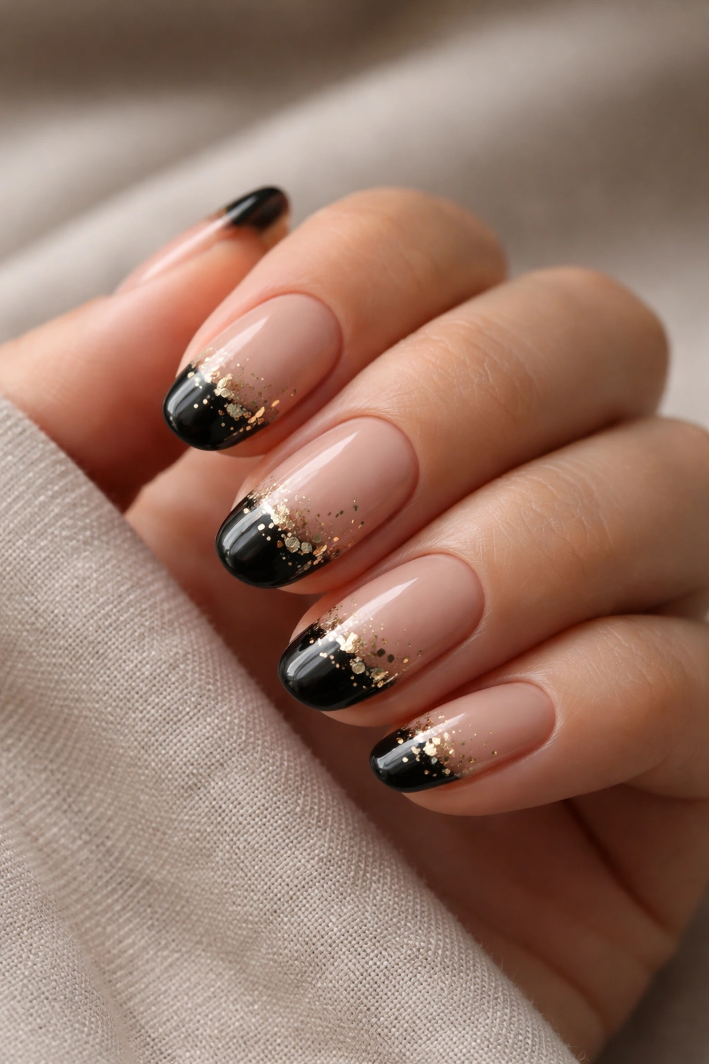Close-up of short oval nails with black tips and gold foil flecks