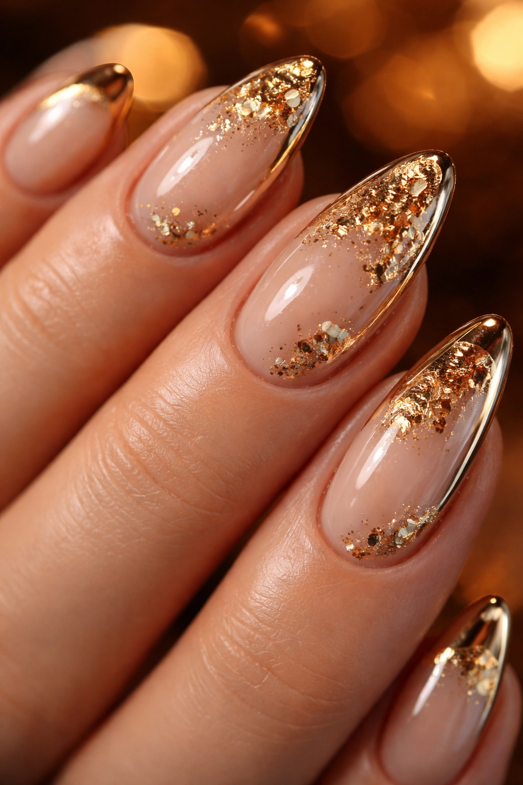 Close-up of nails with chrome tip outline and gold foil flakes