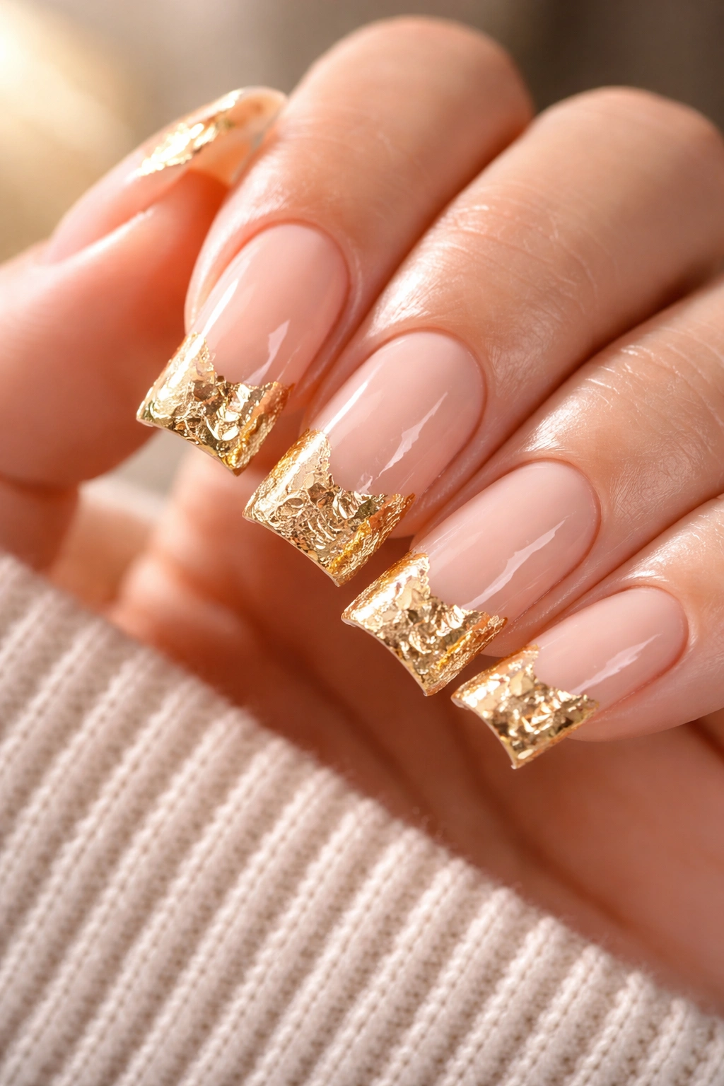 Close-up of duck nails featuring gold foil accents on the curved tips over a nude base