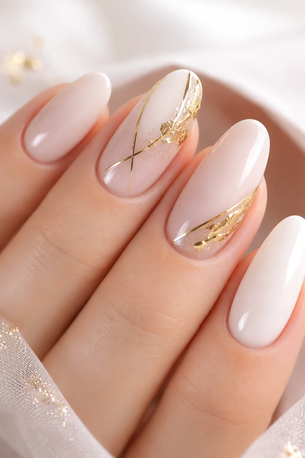 Nails with delicate gold foil accents on select nails against a neutral background