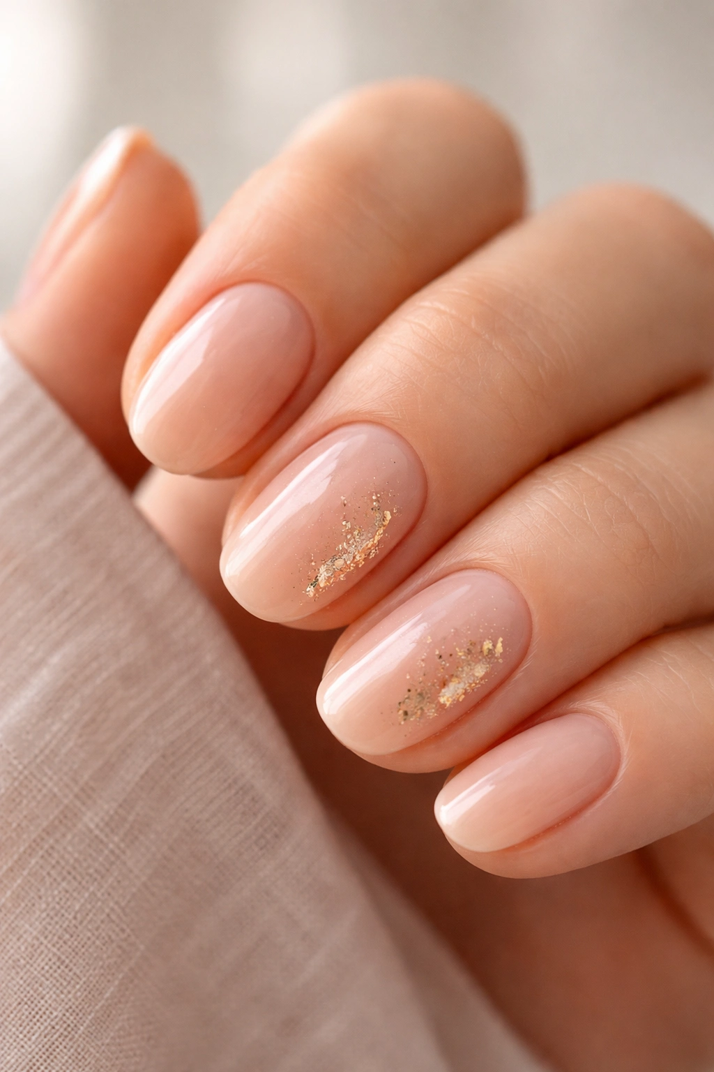 Close-up of nude short oval nails with soft gold foil accents on a couple nails.