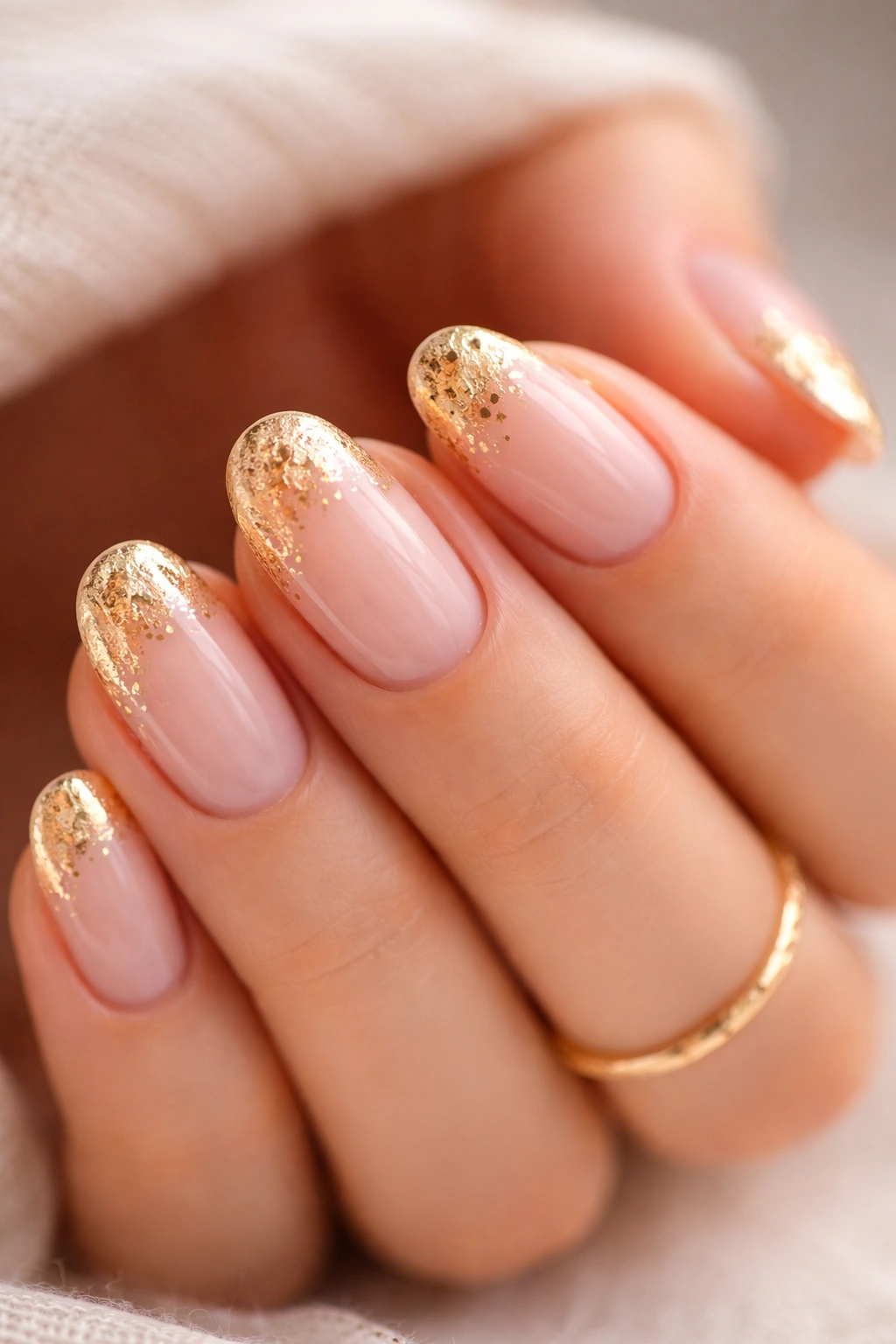 Close-up of short oval nails with sheer nude base and scattered gold foil flakes.
