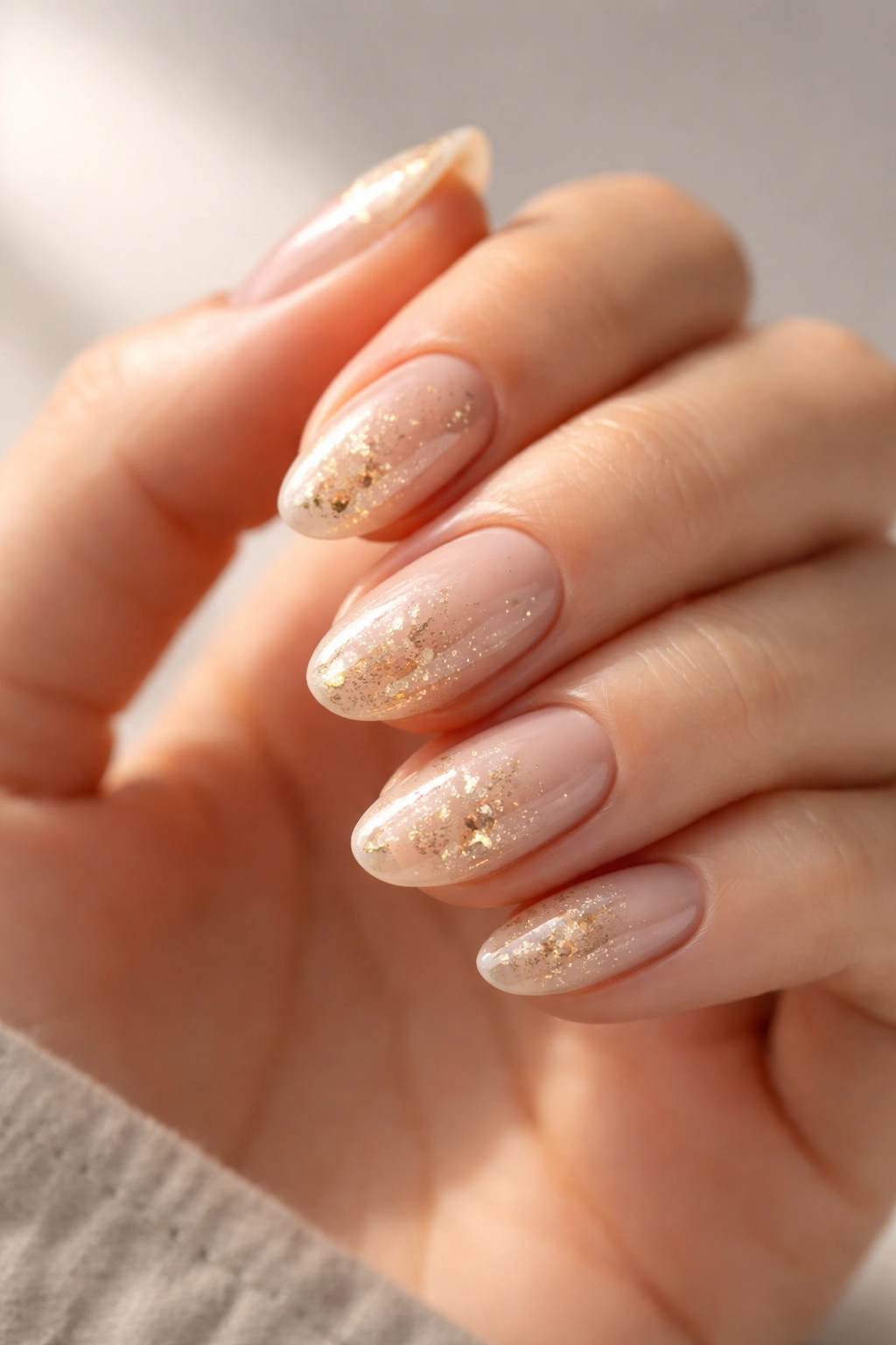 Close-up of short almond nails with nude base and gold foil flecks