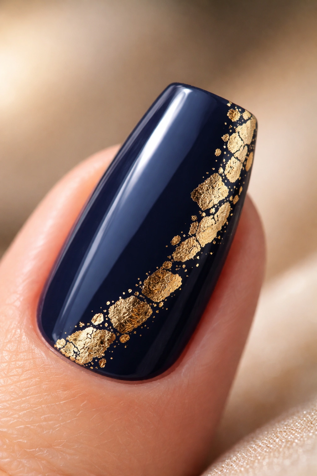 Coffin nail with navy base and gold foil accents