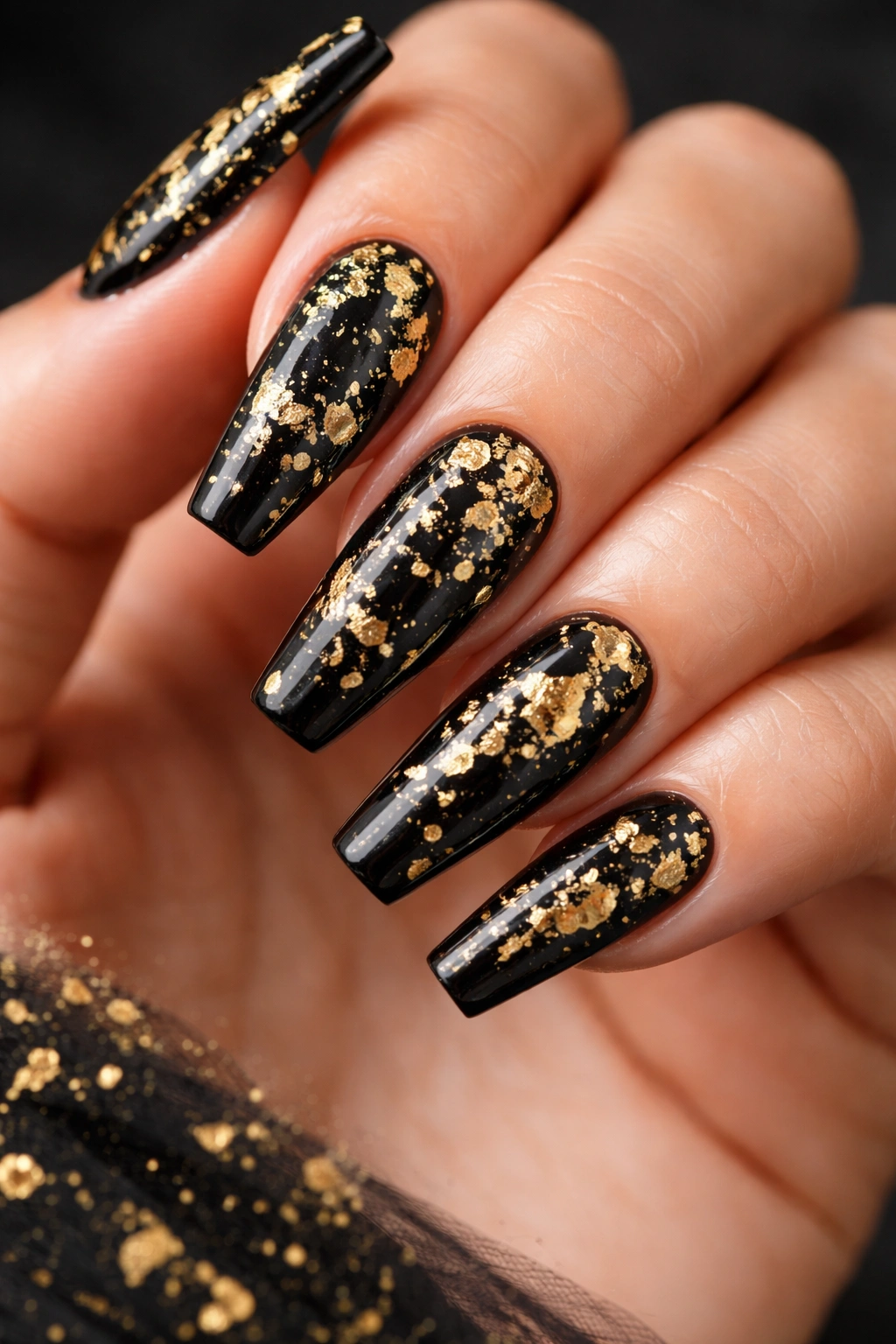 Coffin nails black with gold foil splatter
