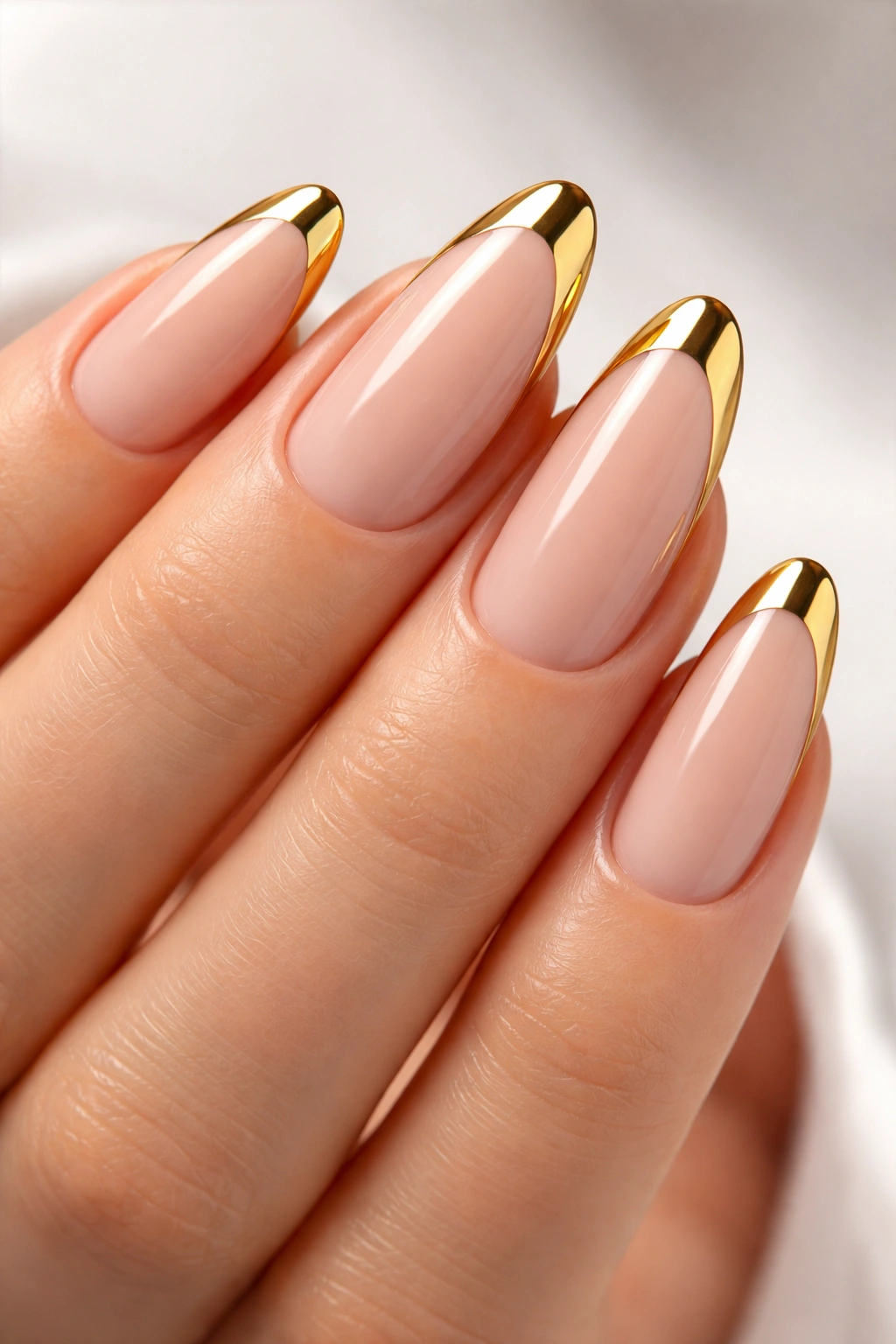 Nude-based long oval nails with gold tips in a classic French manicure