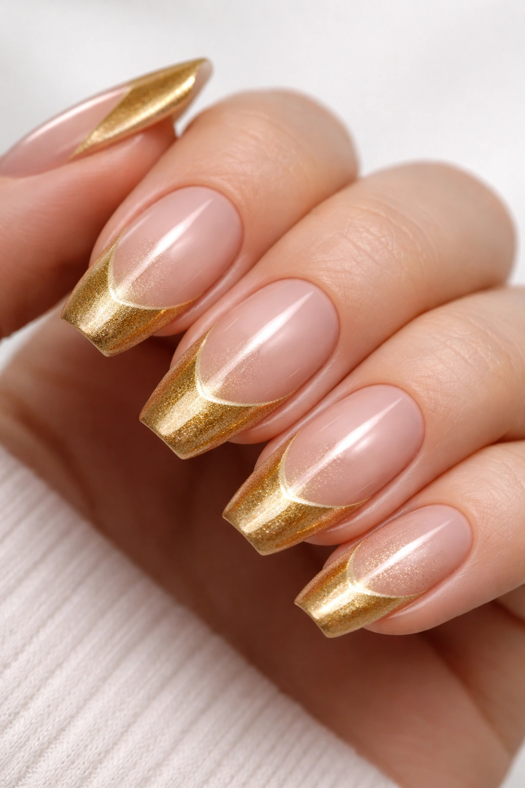 Nude base nails with magnetic gold tips and subtle shimmer.