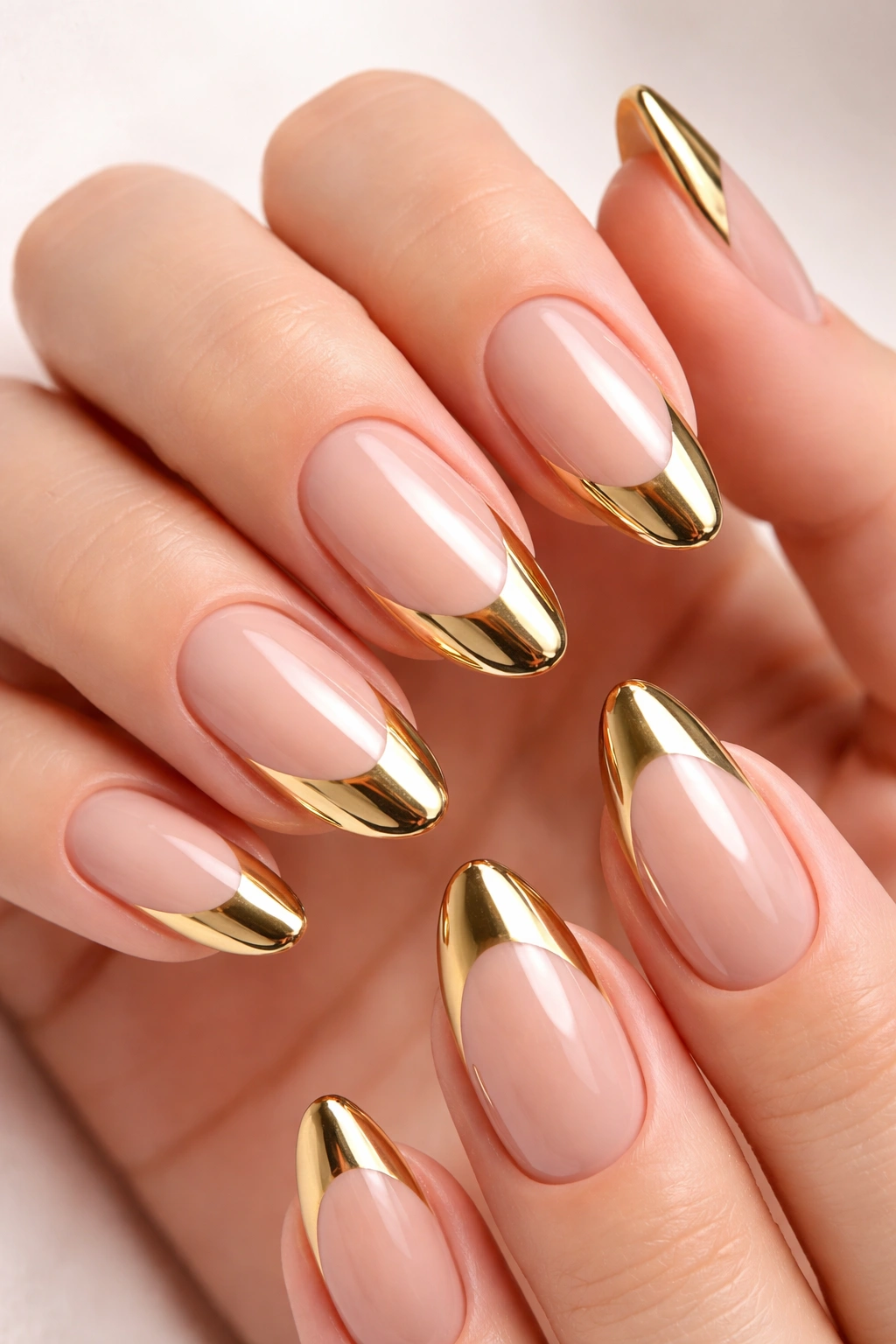 Close-up of nude-based nails with gold chrome French tips
