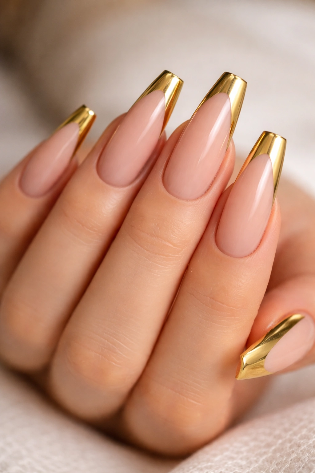 Coffin nails with nude base and gold French tips