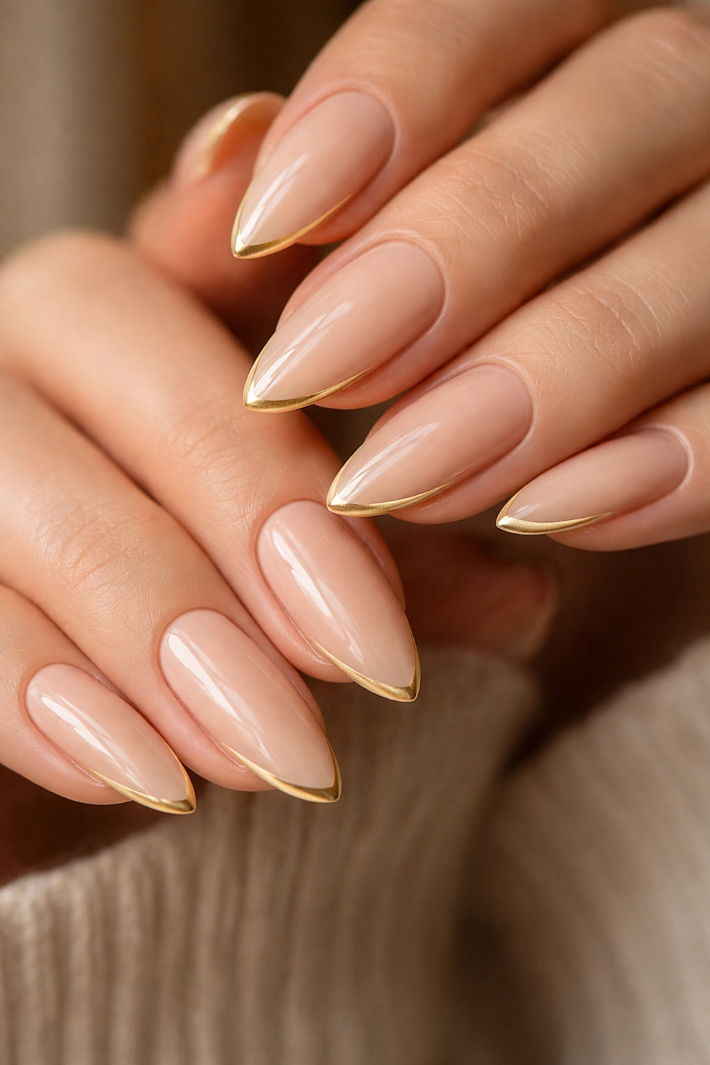 Almond nails with thin gold French tips on a nude base in warm light