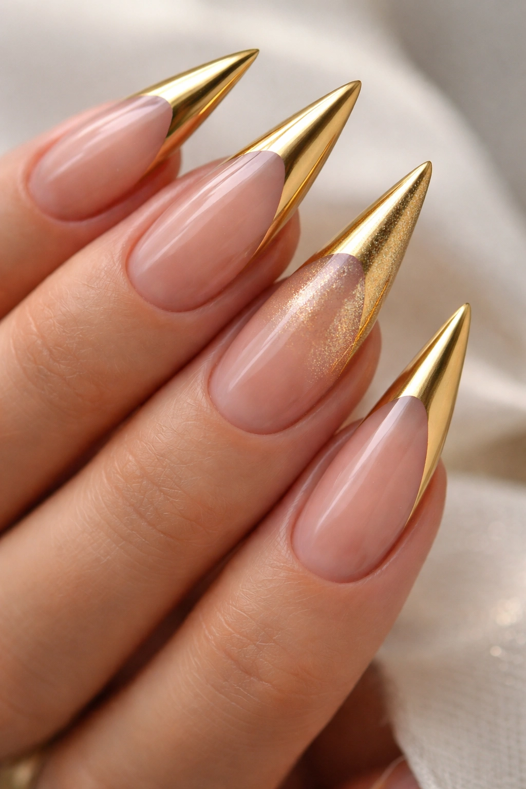 Close-up of gold French tips on stiletto nails with angled tips and nude base