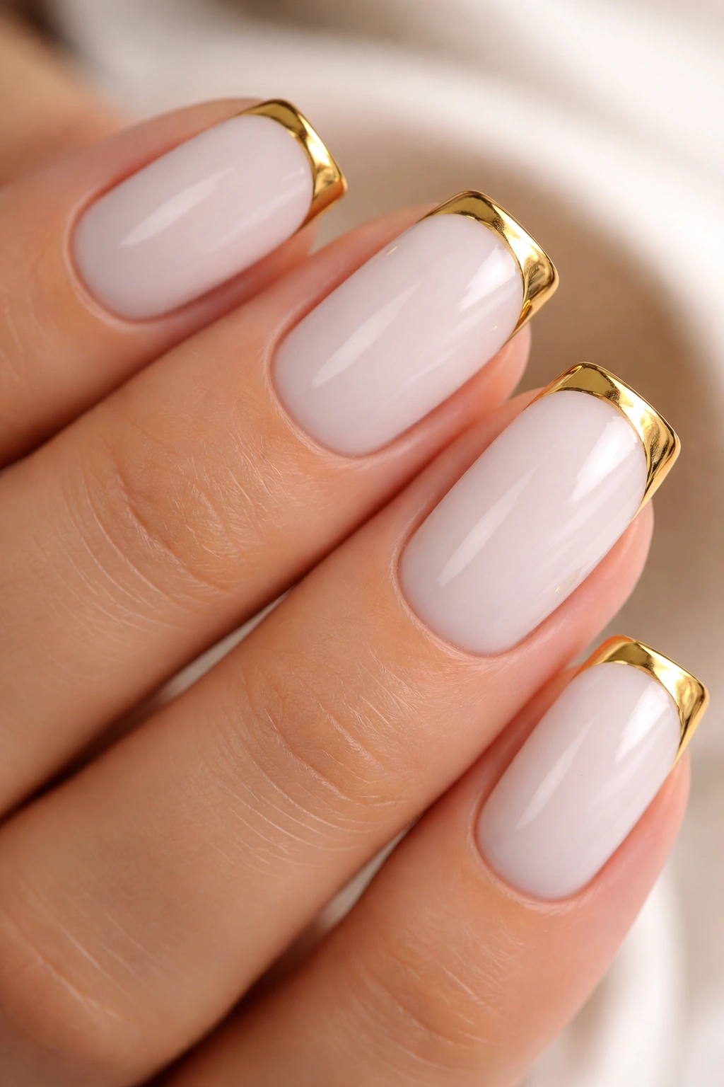 White nails with gold French tips along the edge